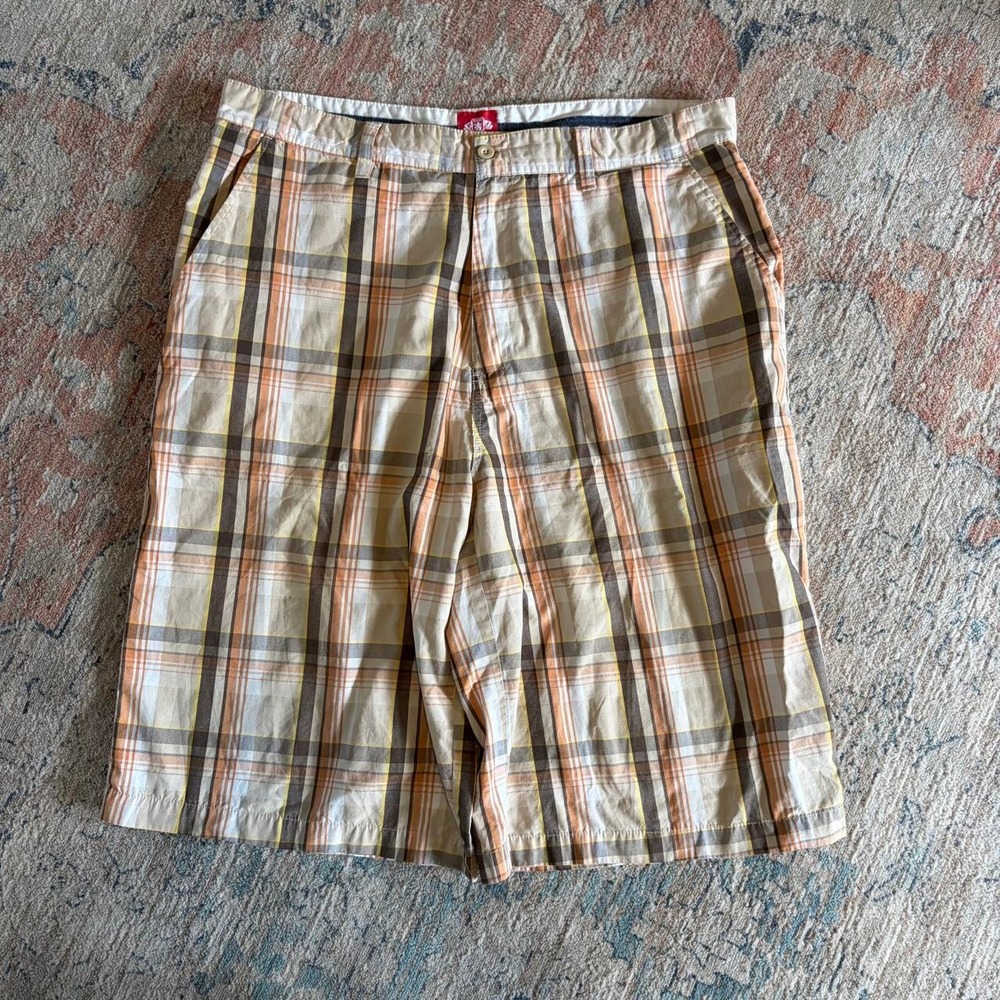 Marc Ecko Mens Y2K Baggy Plaid Shorts Brown Orange Size 38 Skater Retro Summer